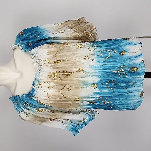 Nygard Blouse Off Shoulder Blue Tan White Gold Sequins Off Shoulder Peasant Sz L - Picture 2 of 13